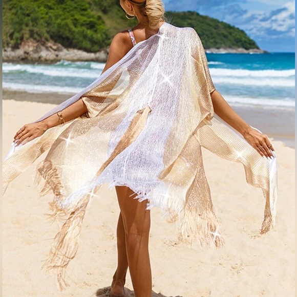 Lena Vie Boutique Other - Ombre White Gold French Fringe Shimmers Boho Open Front Kimono Short Duster Wrap